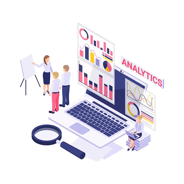 Analytics Isometric With Laptop Magnifier Working People Diagrams 3D Illustration 1284 63970